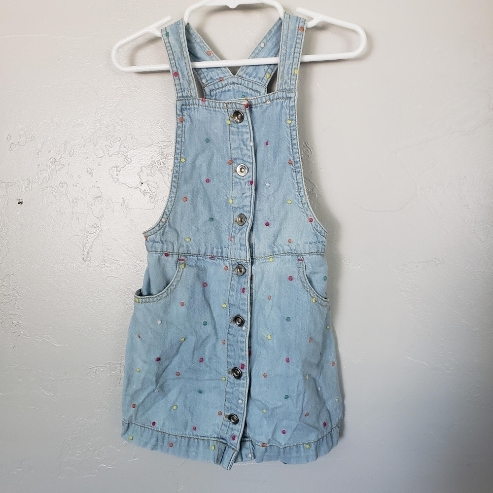 Bopster & Mimi Toddler Girl 4T Blue Denim Overall Dress Embroidered Polka Dot